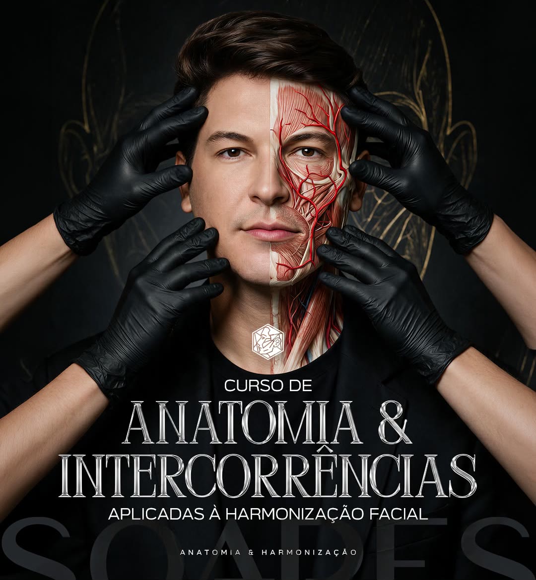 Arte oficial do curso com Prof. Soares e ilustração da anatomia vascular da face